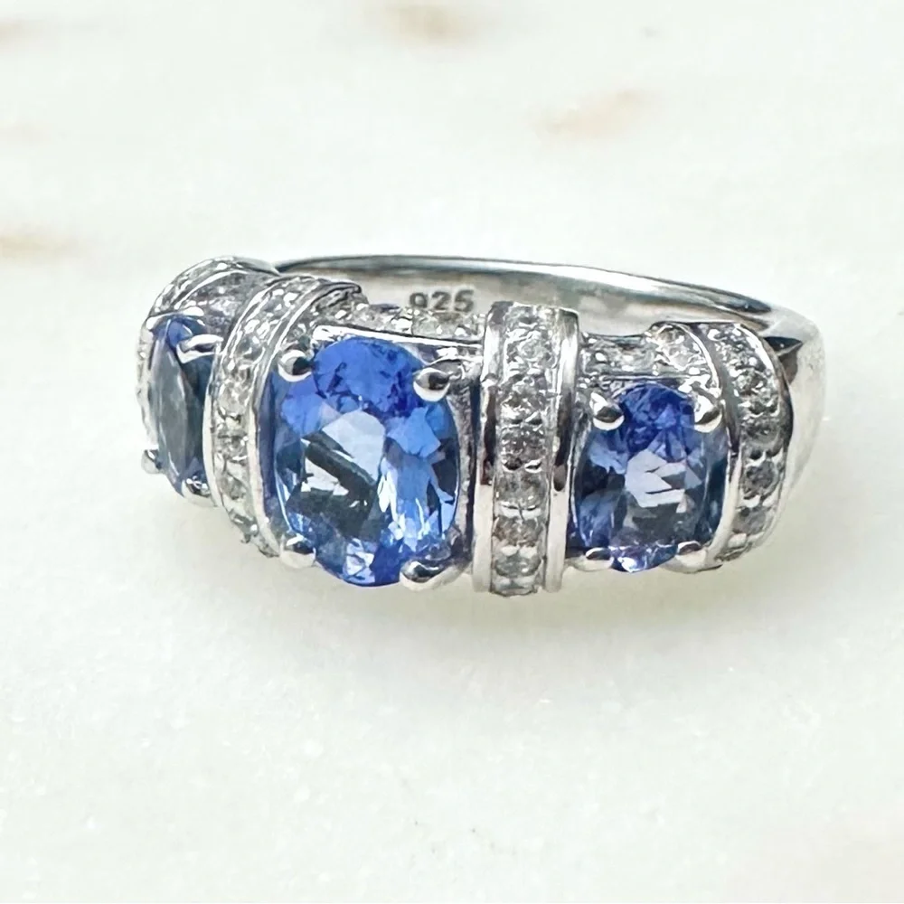 3 Stone Blue Tanzanite | White Zircon Rhodium over Sterling Silver Ring 2.44ctw